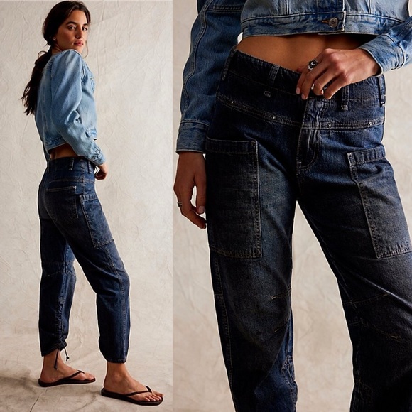 NWT Free People Oasis Crop Jeans Paint Cargo Cinch - Picture 2 of 7